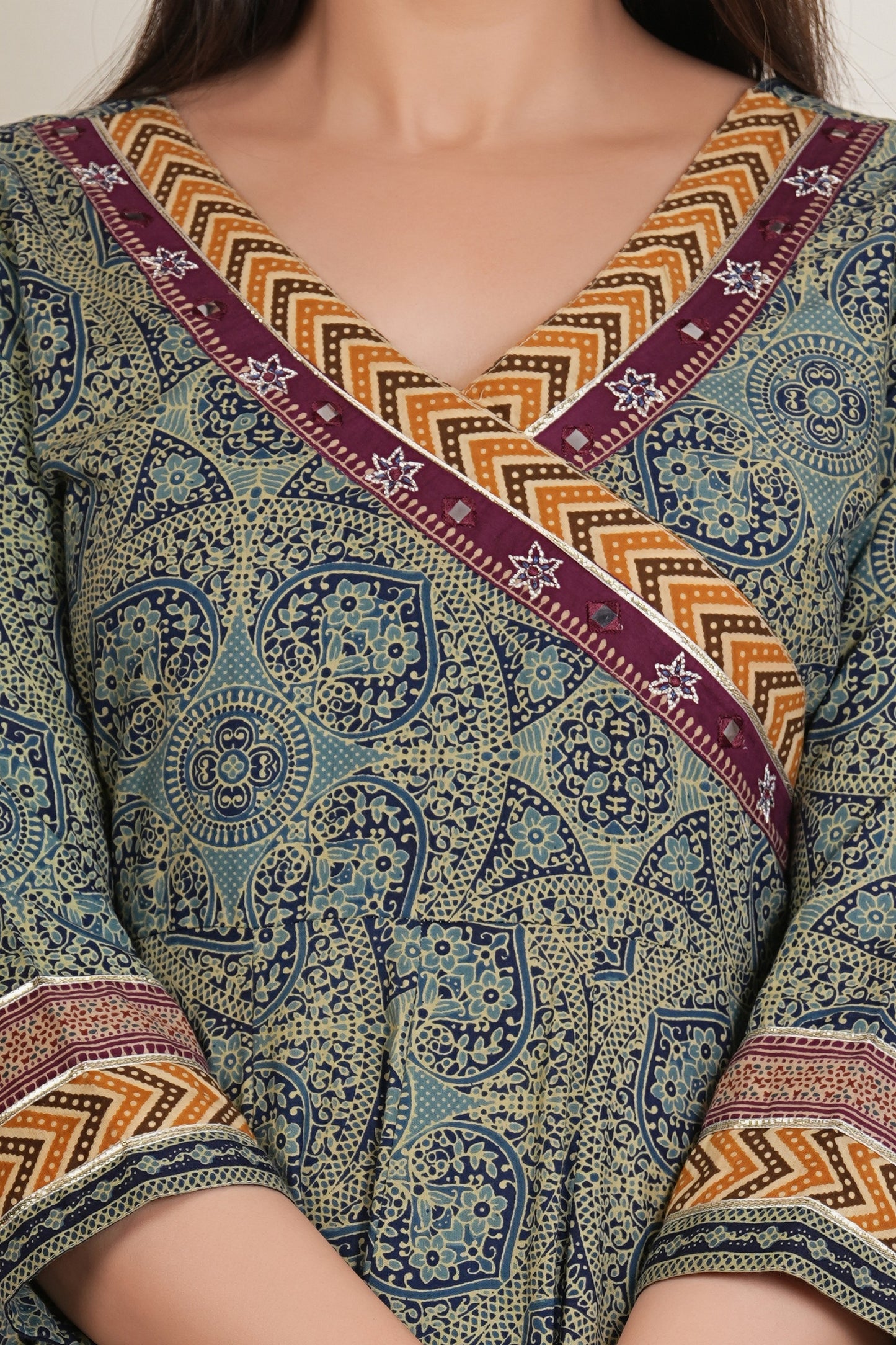Tavajju Olive Green Ajrakh-Inspired Printed Cotton Three-Piece Set