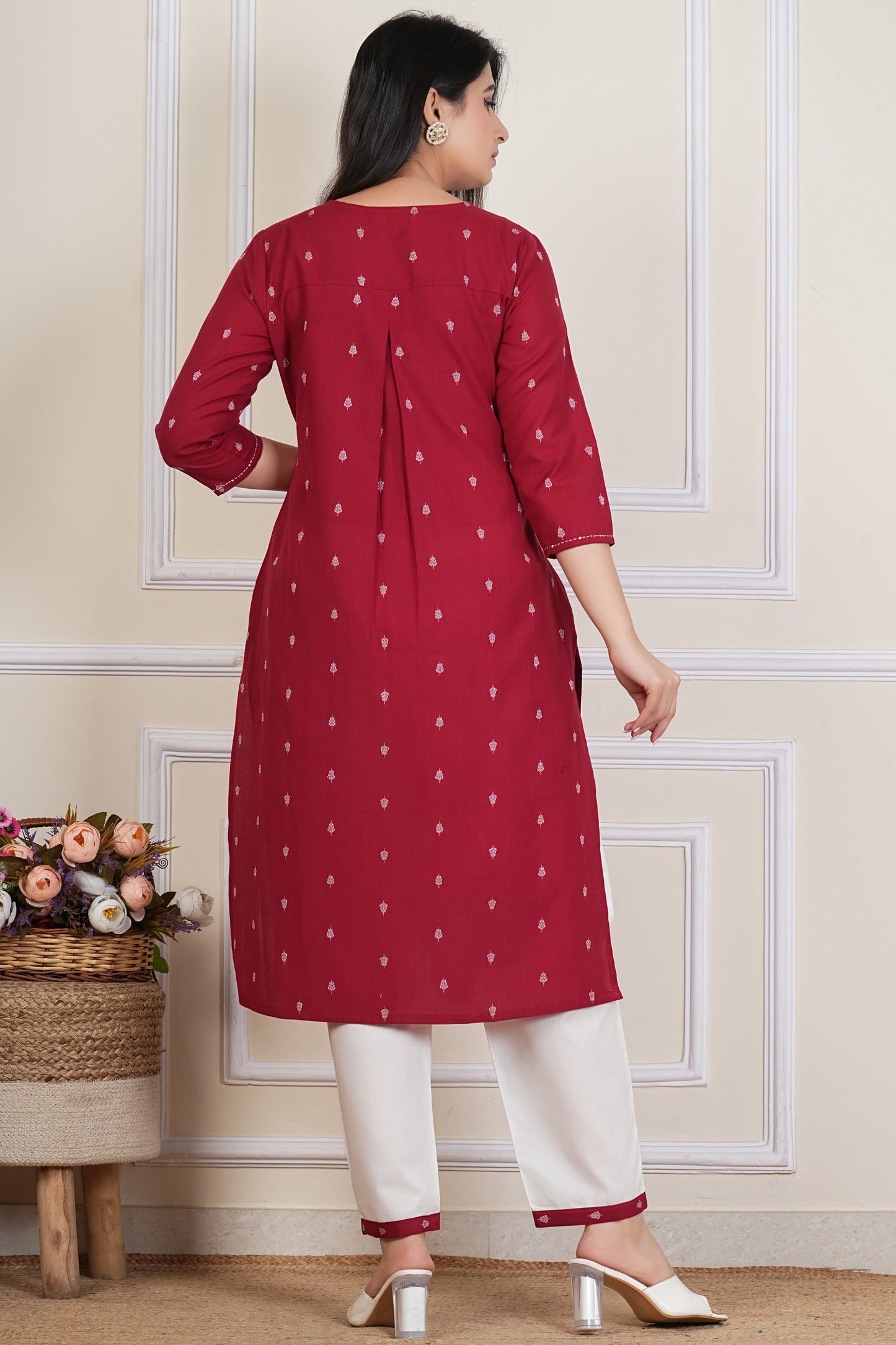 Tavajju Maroon Printed Cotton Kurta Pant Set