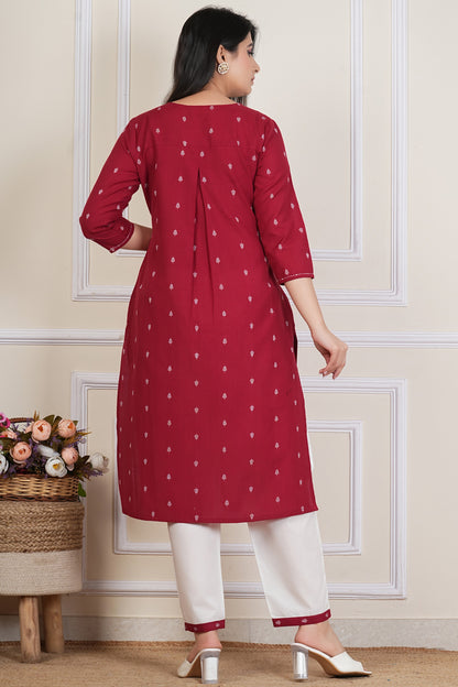 Tavajju Maroon Printed Cotton Kurta Pant Set