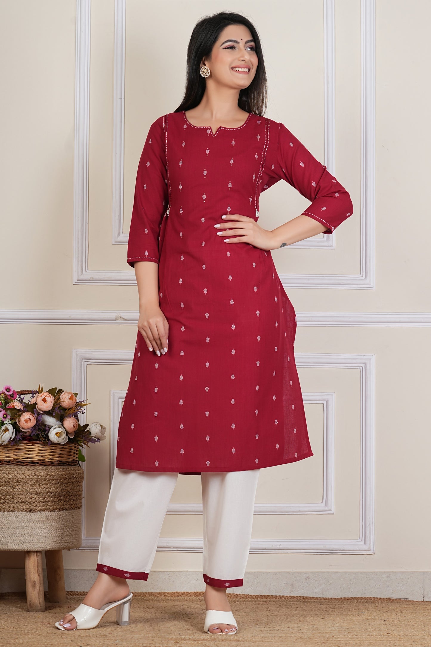 Tavajju Maroon Printed Cotton Kurta Pant Set