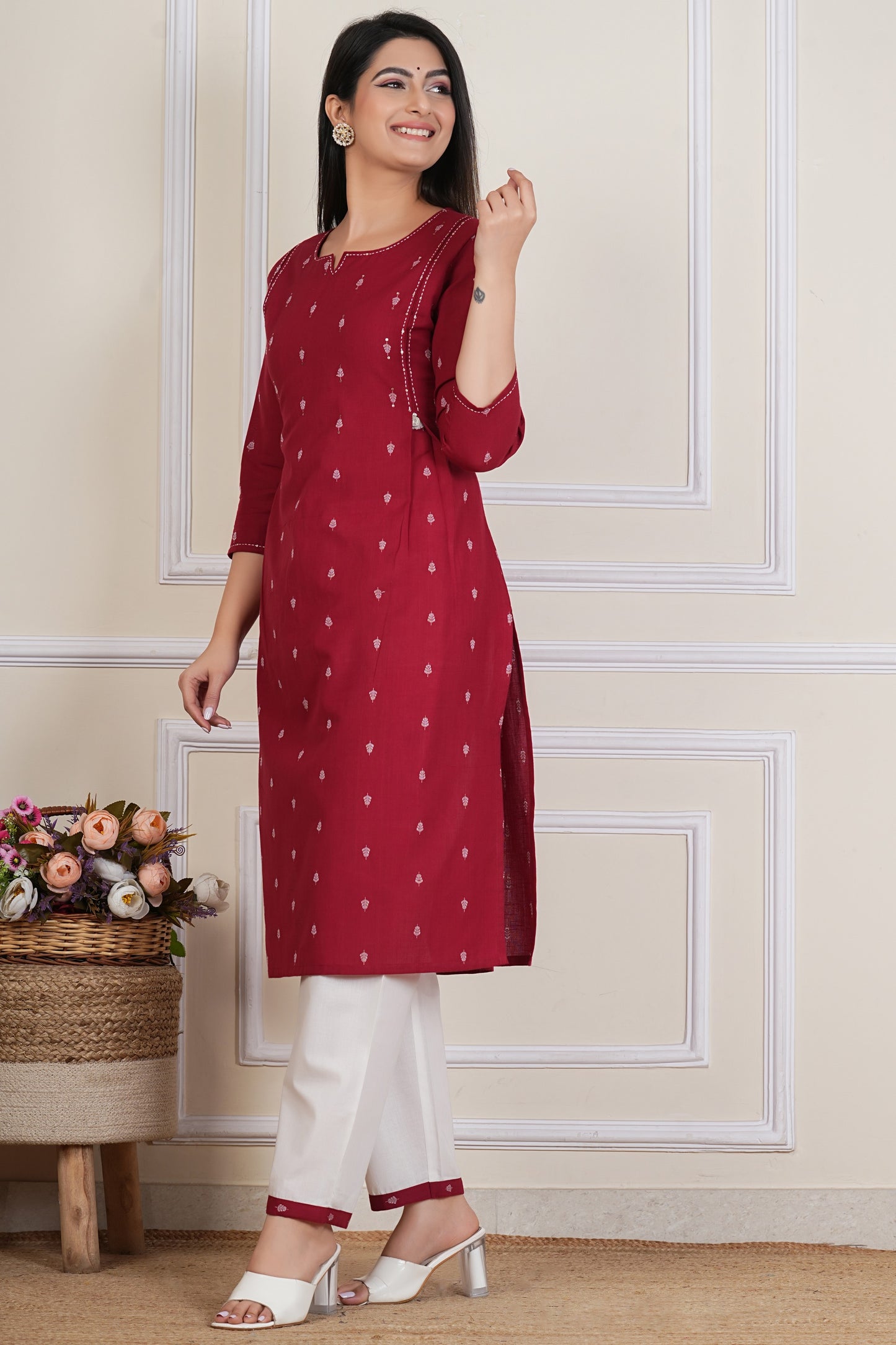 Tavajju Maroon Printed Cotton Kurta Pant Set