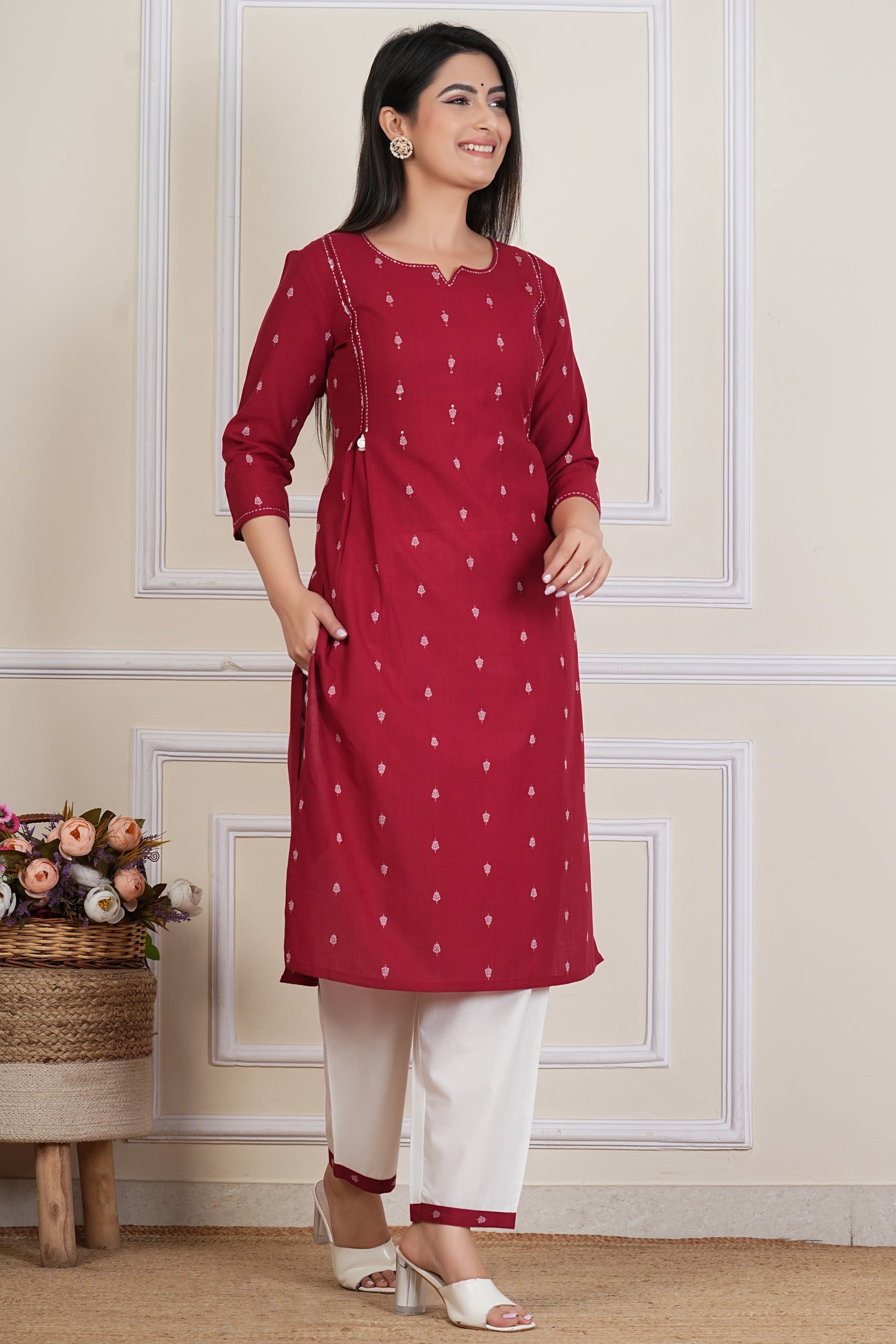 Tavajju Maroon Printed Cotton Kurta Pant Set
