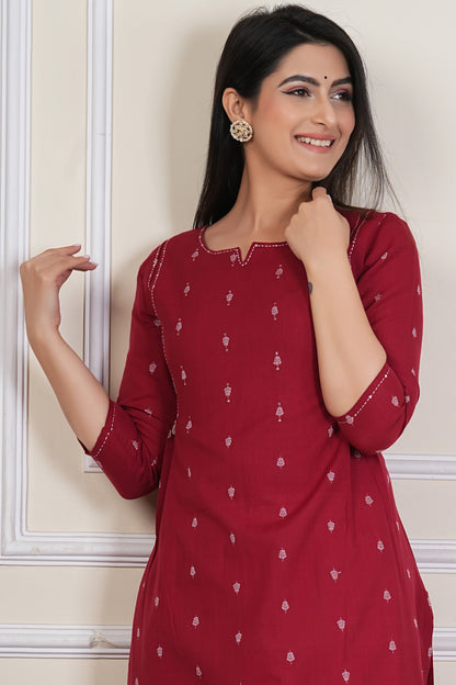 Tavajju Maroon Printed Cotton Kurta Pant Set