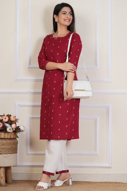 Tavajju Maroon Printed Cotton Kurta Pant Set