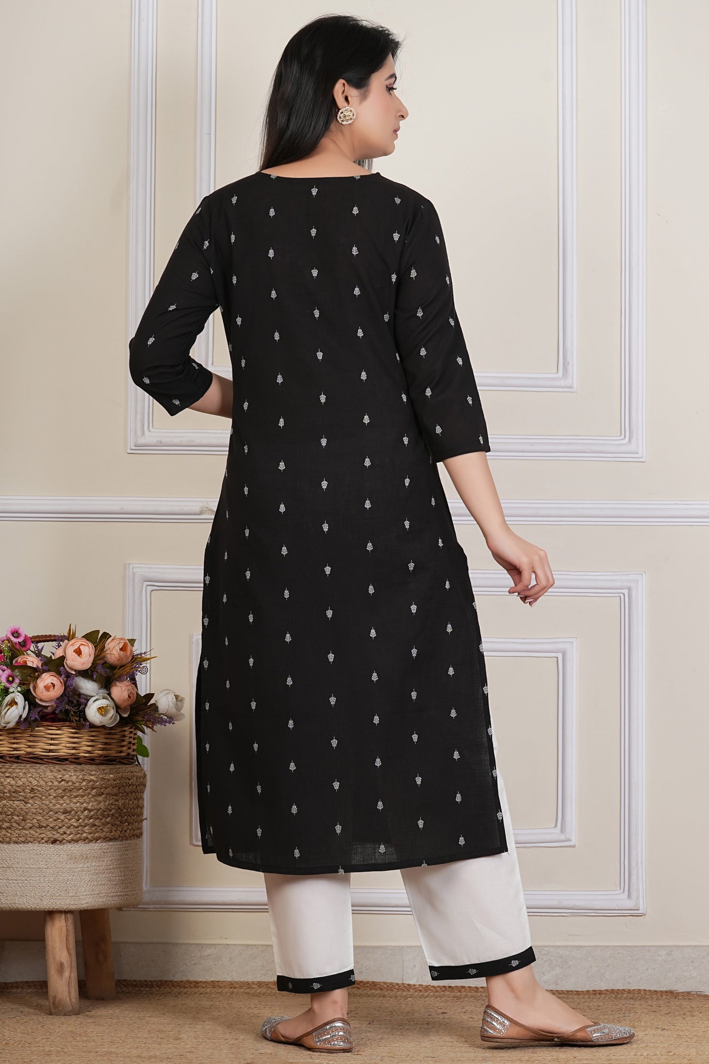 Tavajju Black Printed Cotton Kurta Pant Set for Women | Minimal Ethnic Wear