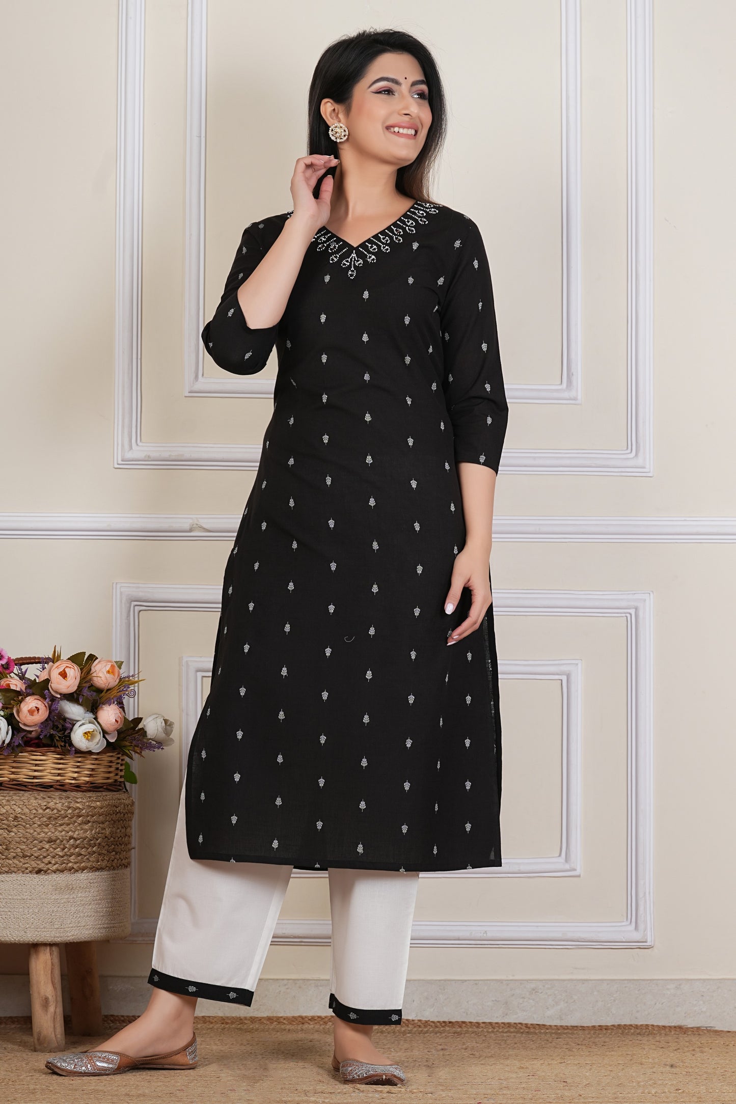 Tavajju Black Printed Cotton Kurta Pant Set for Women | Minimal Ethnic Wear