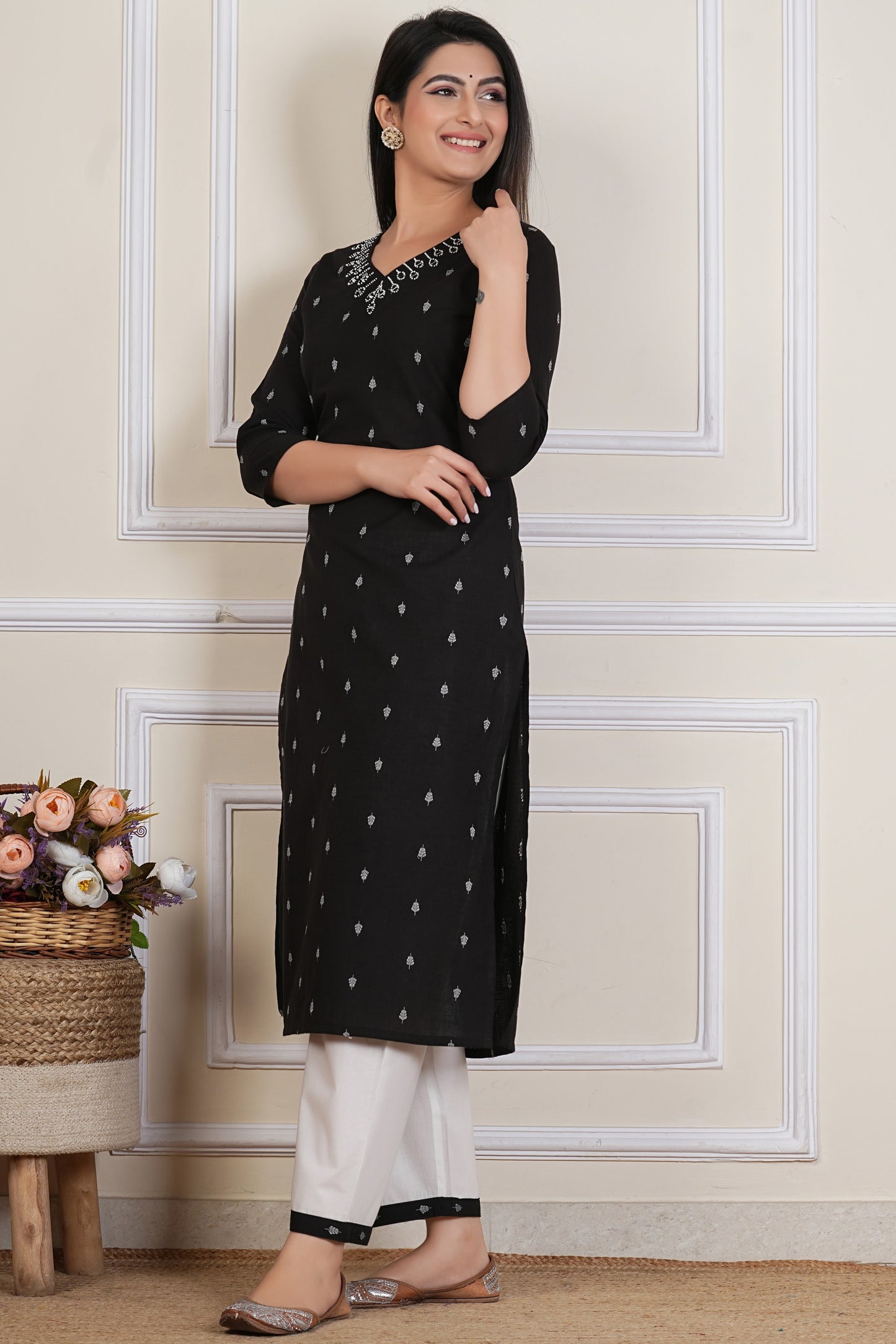Tavajju Black Printed Cotton Kurta Pant Set for Women | Minimal Ethnic Wear