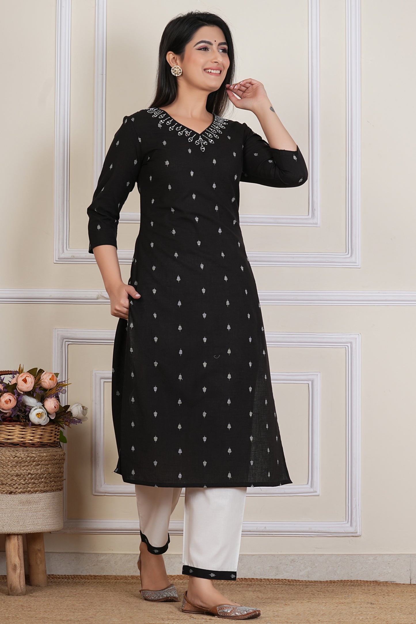 Tavajju Black Printed Cotton Kurta Pant Set for Women | Minimal Ethnic Wear