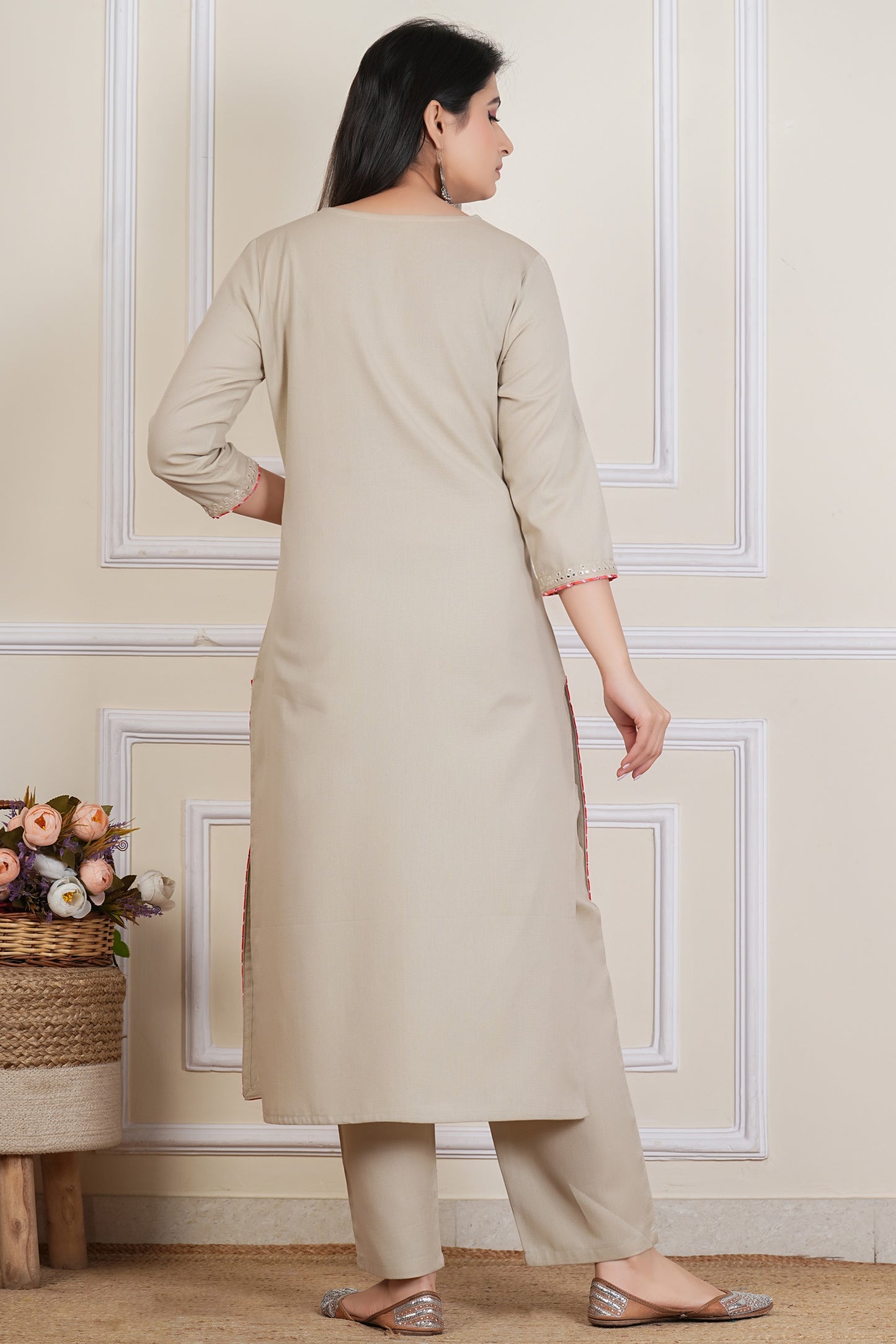 Tavajju | Beige Embellished Cotton Flex Kurta Pant Set