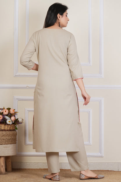 Tavajju | Beige Embellished Cotton Flex Kurta Pant Set
