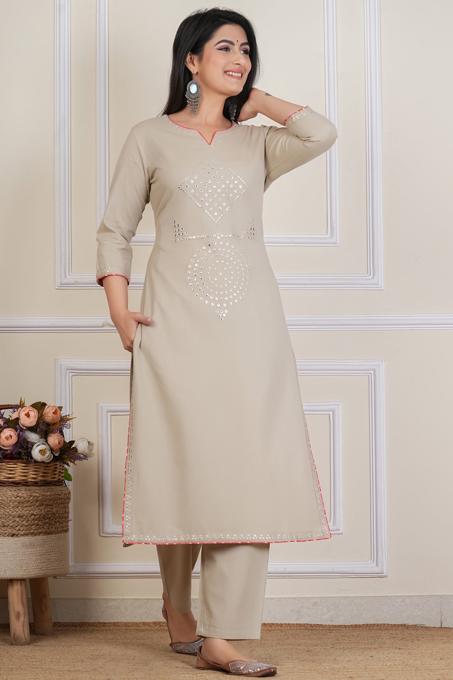 Tavajju | Beige Embellished Cotton Flex Kurta Pant Set
