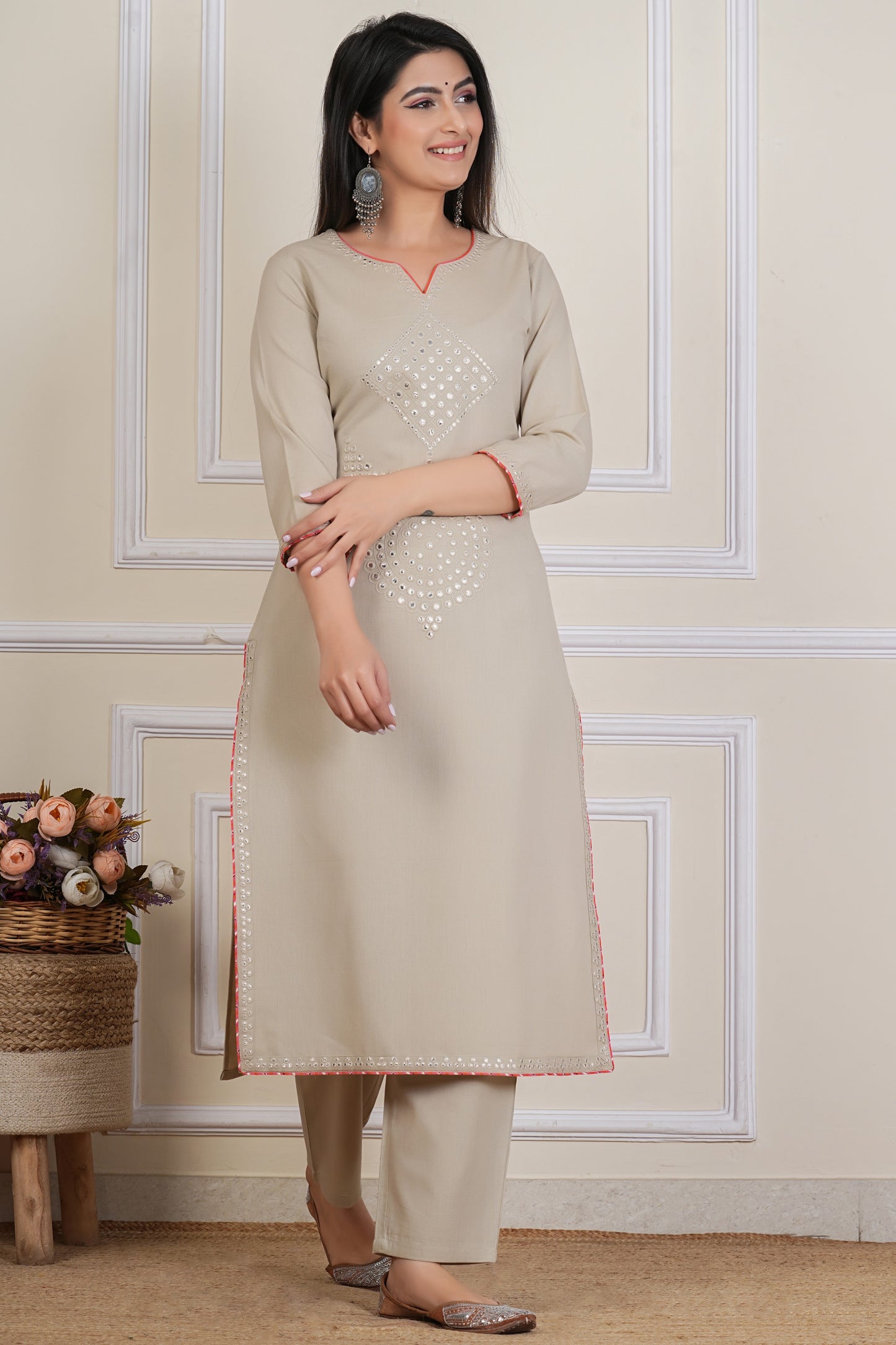 Tavajju | Beige Embellished Cotton Flex Kurta Pant Set