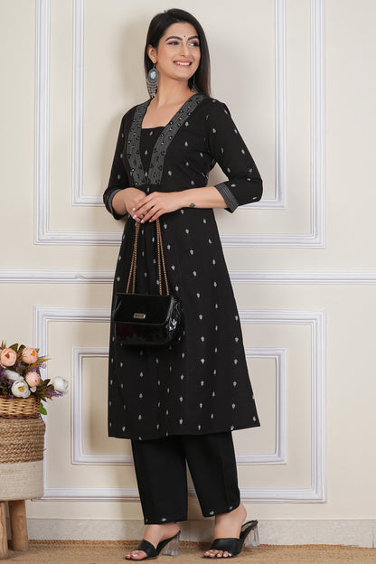 Tavajju Black Yarn-Dyed Cotton Kurta Pant Set