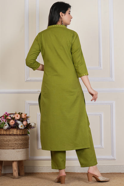 Tavajju Olive Green Cotton Kurta Pant Set