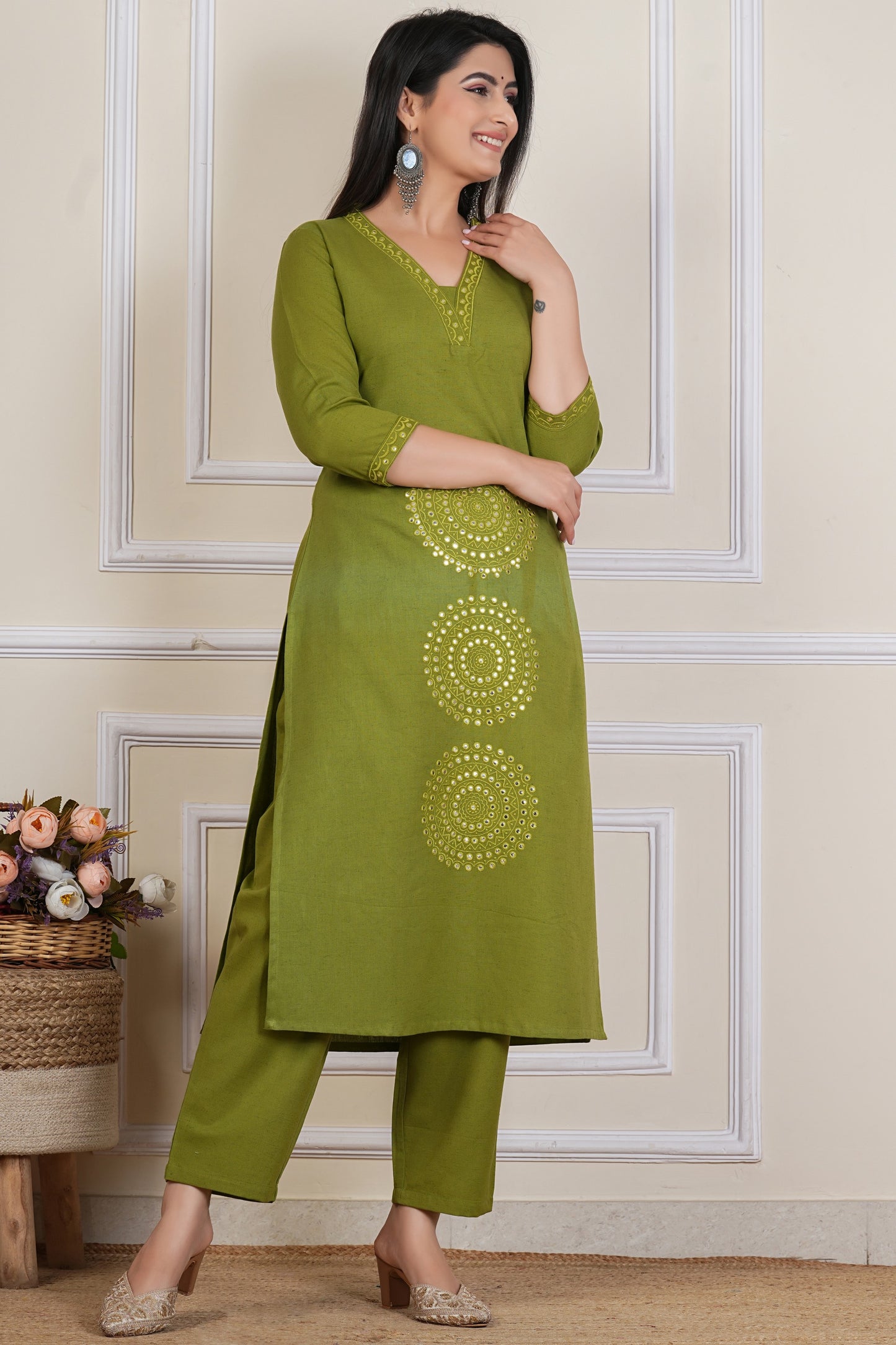 Tavajju Olive Green Cotton Kurta Pant Set