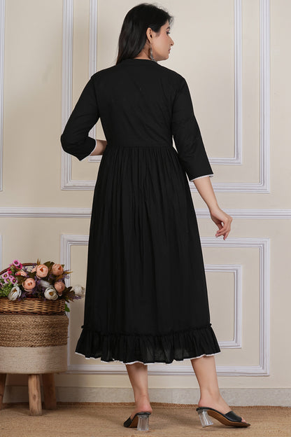 Tavajju Black Embroidered Anarkali Kurta | Elegant Cotton Ethnic Wear for Women