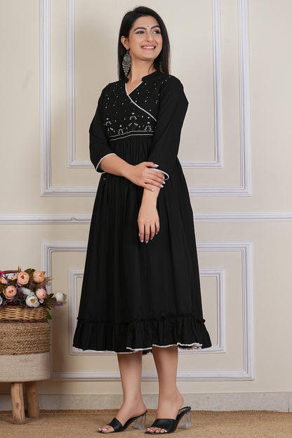 Tavajju Black Embroidered Anarkali Kurta | Elegant Cotton Ethnic Wear for Women