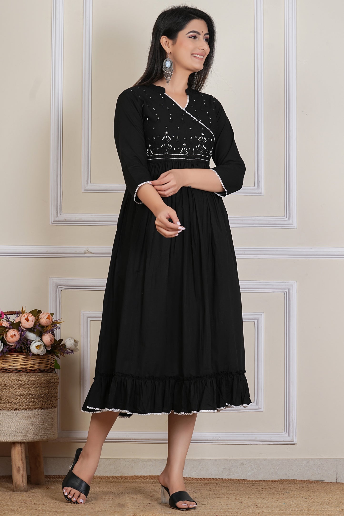 Tavajju Black Embroidered Anarkali Kurta | Elegant Cotton Ethnic Wear for Women