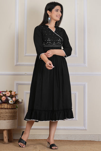 Tavajju Black Embroidered Anarkali Kurta | Elegant Cotton Ethnic Wear for Women