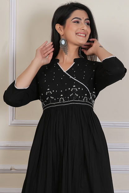 Tavajju Black Embroidered Anarkali Kurta | Elegant Cotton Ethnic Wear for Women