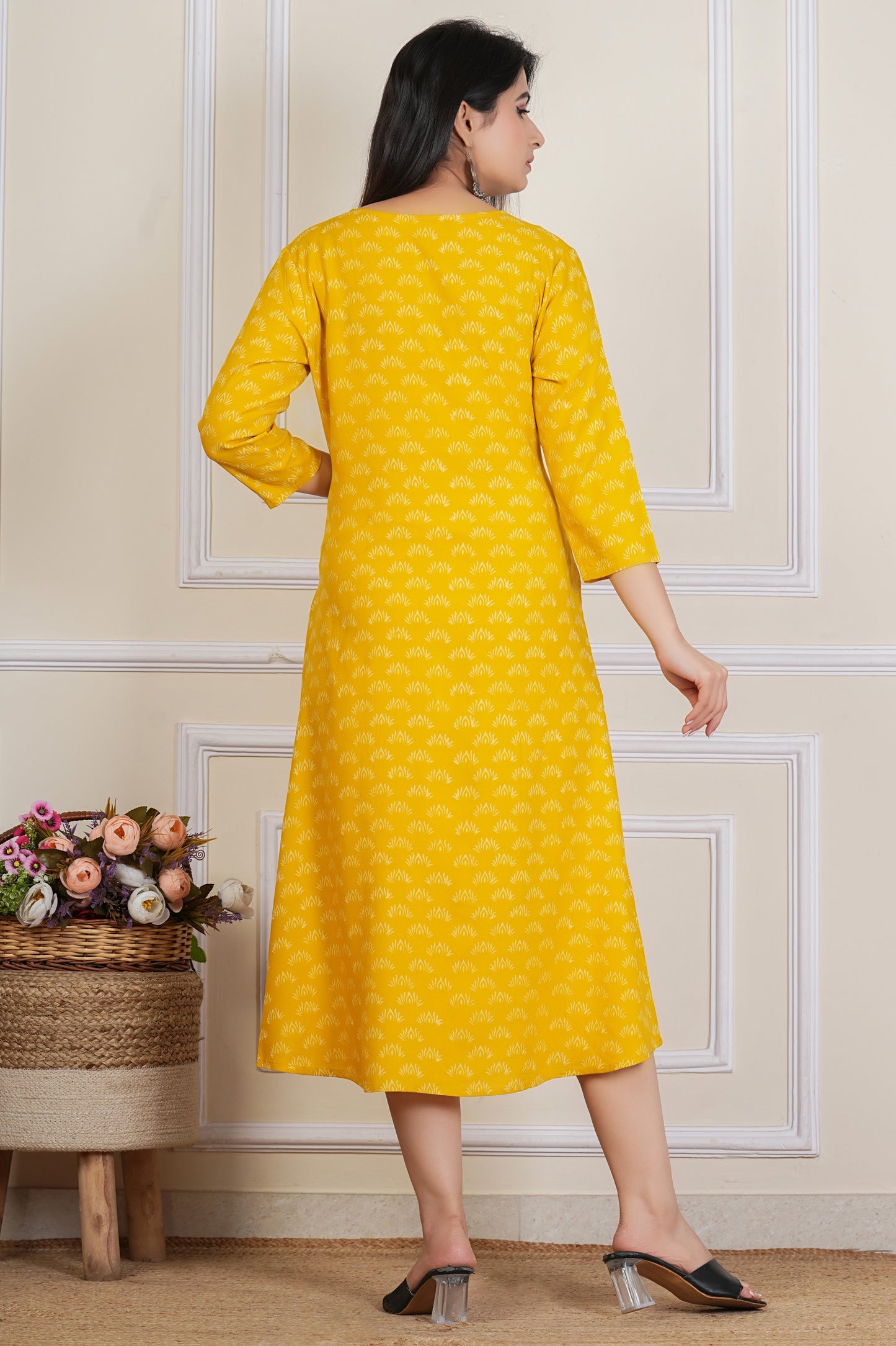 Tavajju Mustard Yellow Printed Flared Kurta | Cotton Ethnic Dress for Women