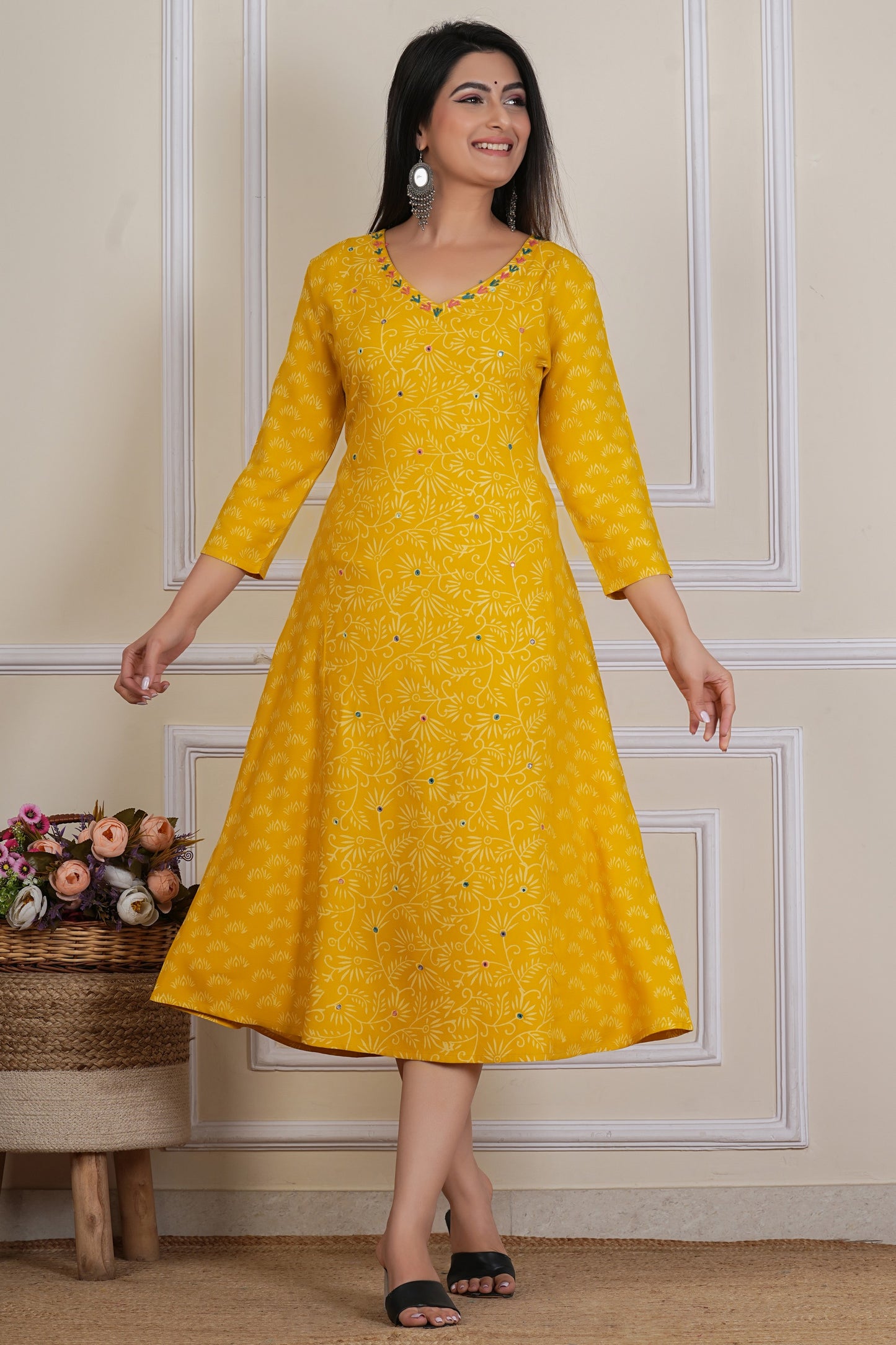 Tavajju Mustard Yellow Printed Flared Kurta | Cotton Ethnic Dress for Women