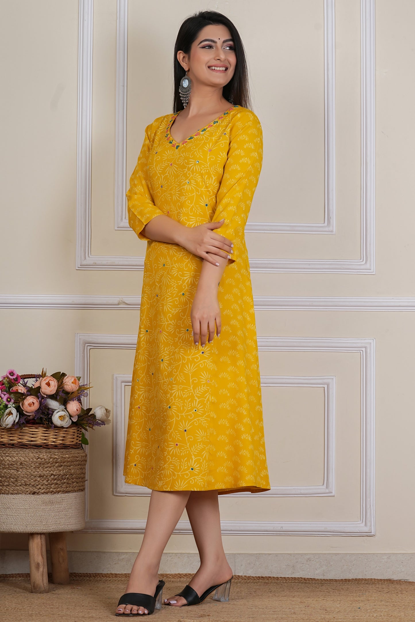 Tavajju Mustard Yellow Printed Flared Kurta | Cotton Ethnic Dress for Women
