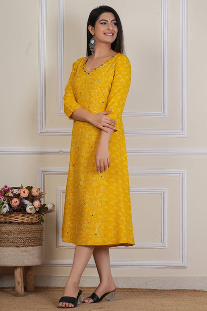 Tavajju Mustard Yellow Printed Flared Kurta | Cotton Ethnic Dress for Women