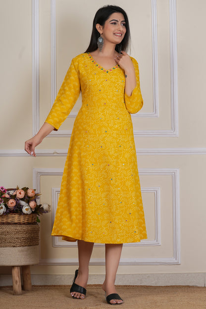 Tavajju Mustard Yellow Printed Flared Kurta | Cotton Ethnic Dress for Women