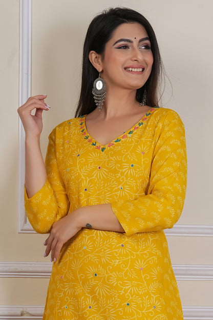 Tavajju Mustard Yellow Printed Flared Kurta | Cotton Ethnic Dress for Women