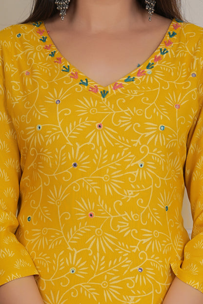 Tavajju Mustard Yellow Printed Flared Kurta | Cotton Ethnic Dress for Women
