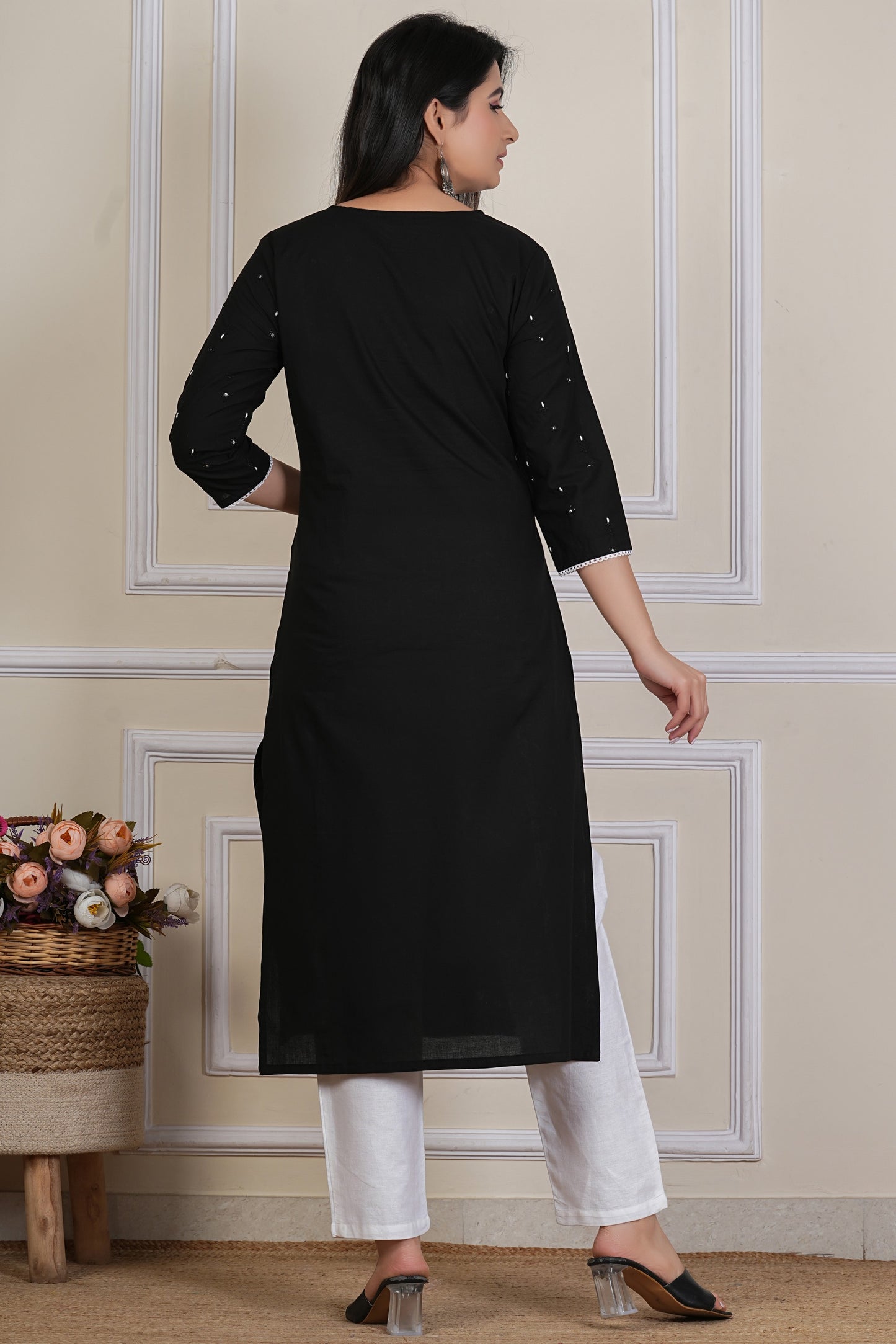 Tavajju Black Cotton Embroidered Kurta Pant Set