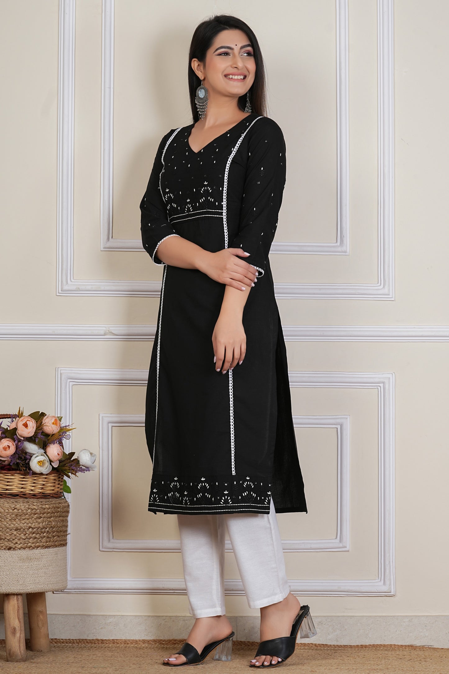Tavajju Black Cotton Embroidered Kurta Pant Set