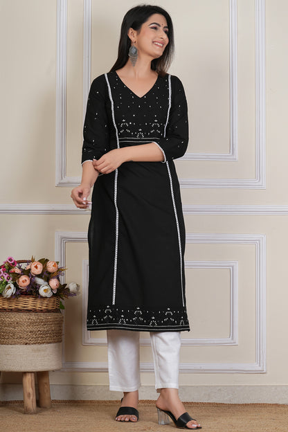 Tavajju Black Cotton Embroidered Kurta Pant Set