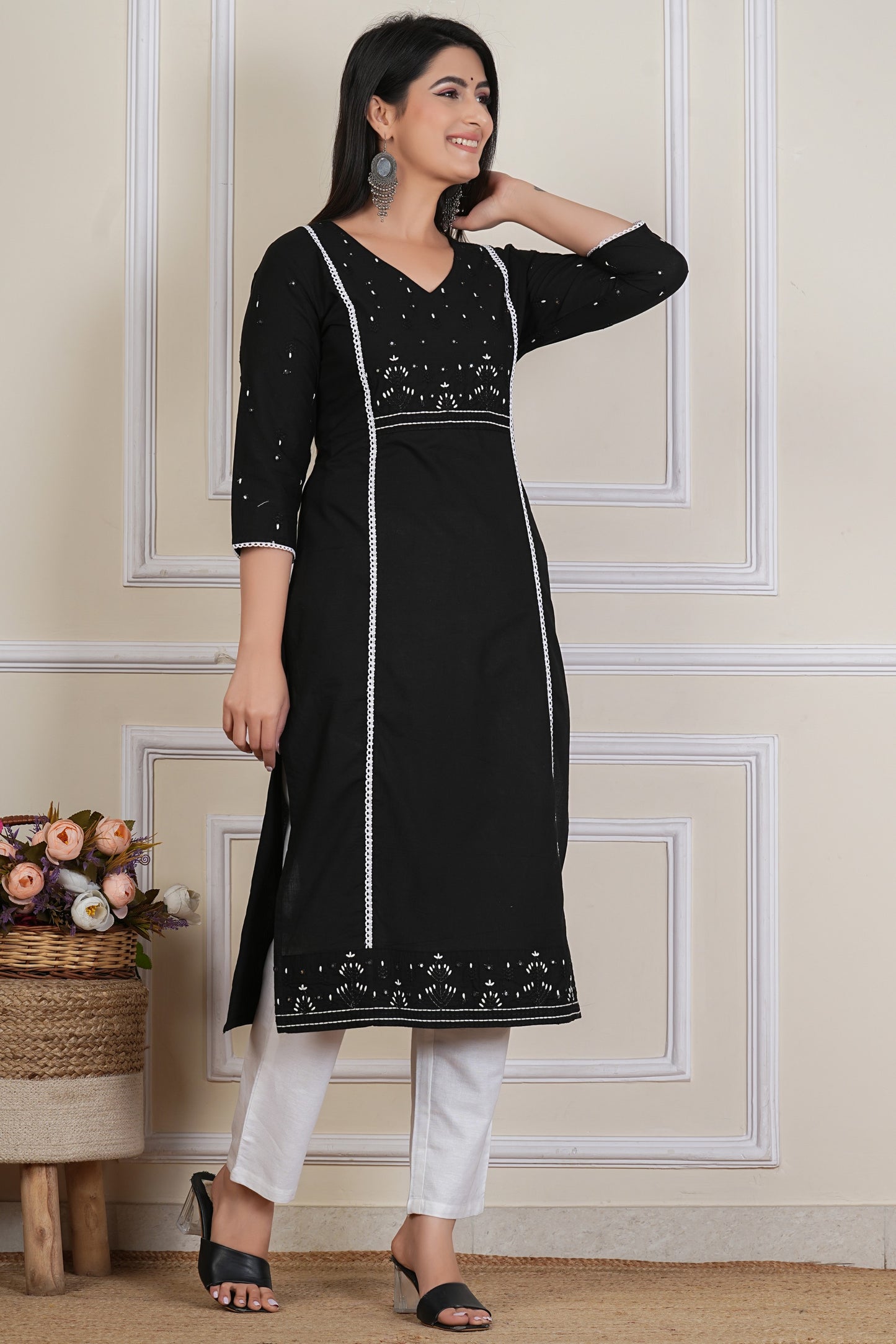 Tavajju Black Cotton Embroidered Kurta Pant Set