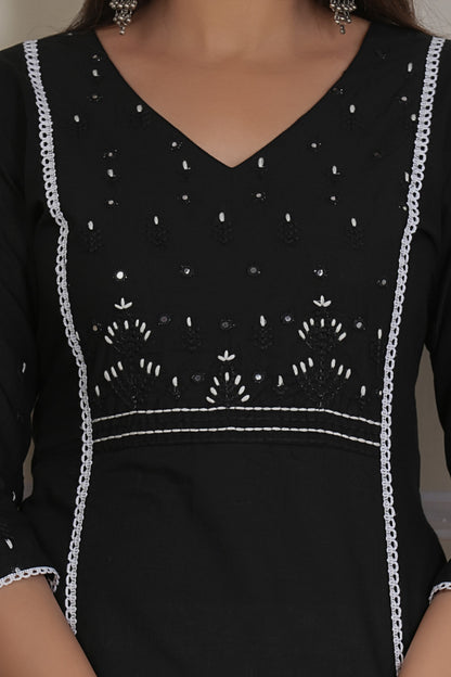 Tavajju Black Cotton Embroidered Kurta Pant Set