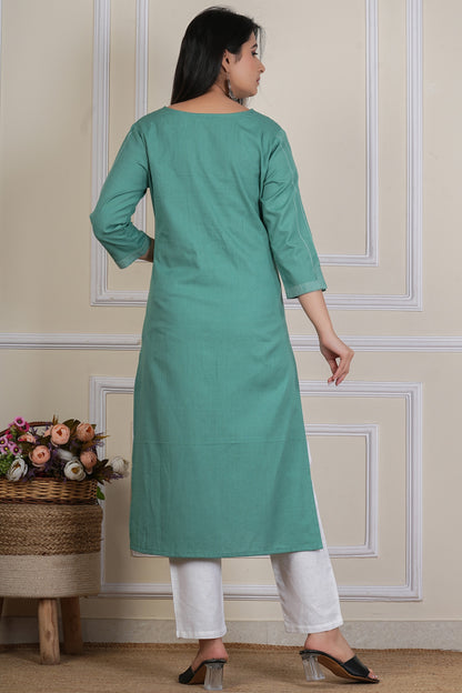 Tavajju Teal Green Solid Straight Kurta | Cotton Ethnic Wear for Women