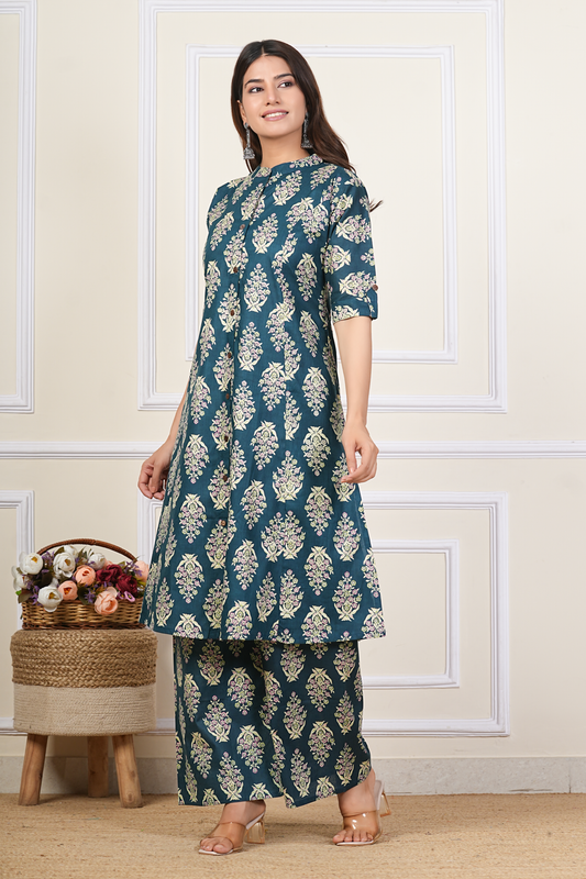 Printed Kurta Palazzo Set – Teal