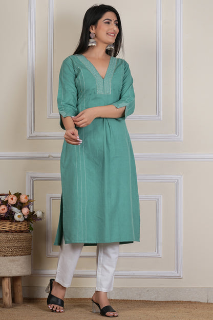 Tavajju Teal Green Solid Straight Kurta | Cotton Ethnic Wear for Women