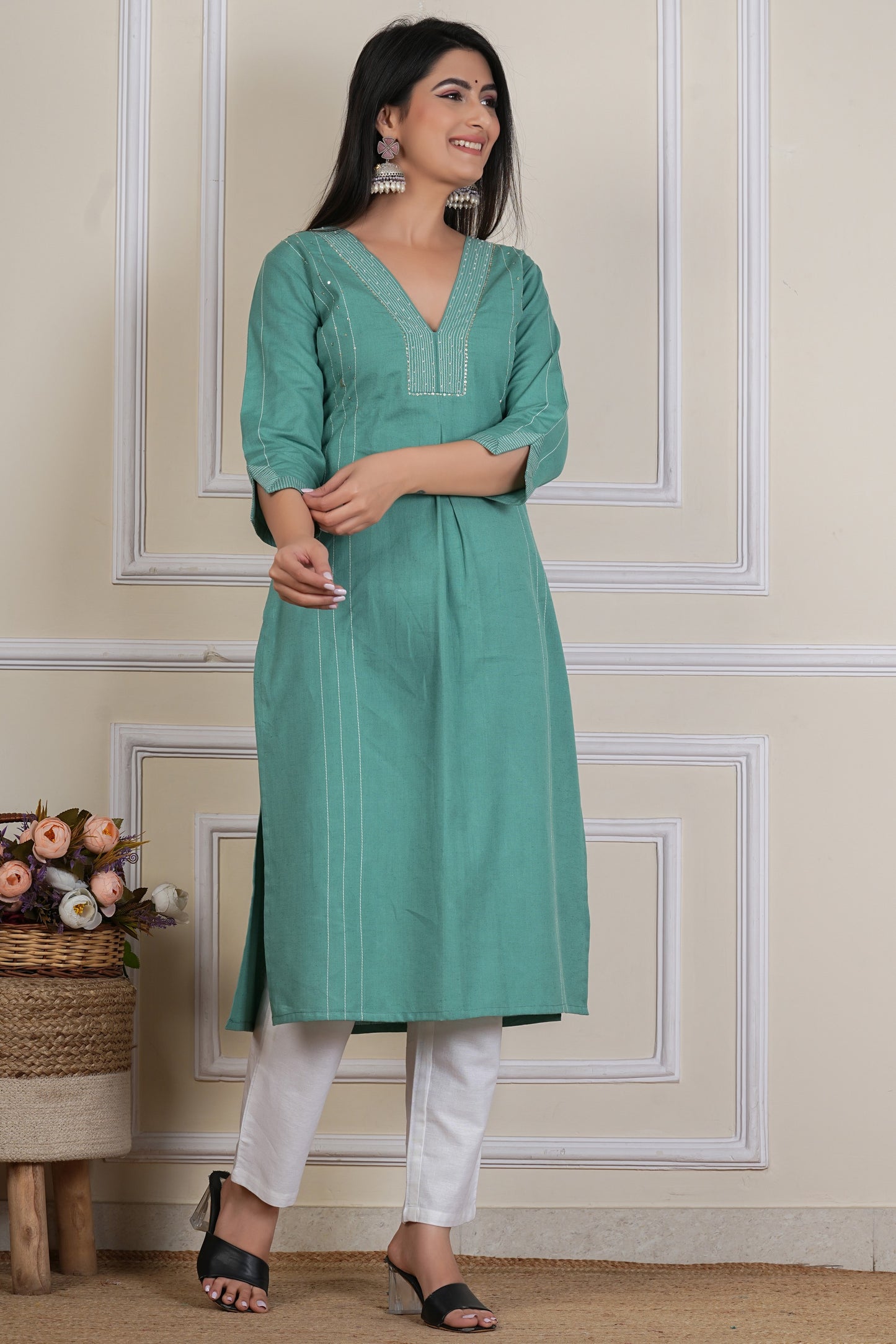 Tavajju Teal Green Solid Straight Kurta | Cotton Ethnic Wear for Women
