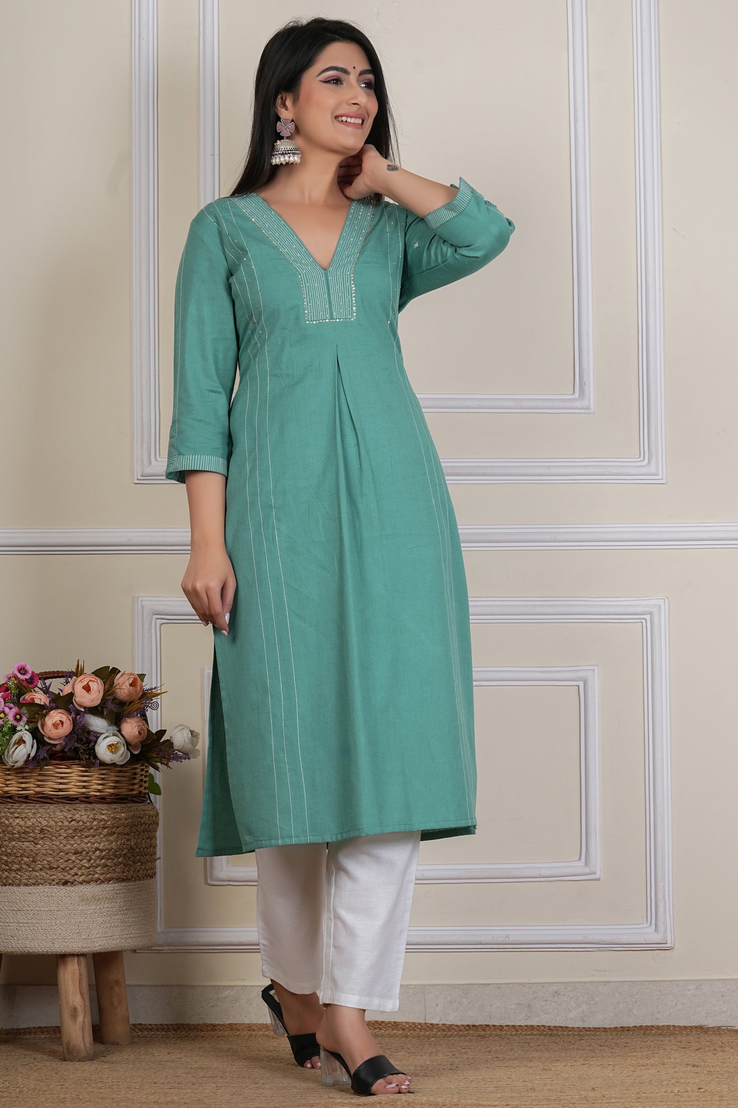 Tavajju Teal Green Solid Straight Kurta | Cotton Ethnic Wear for Women