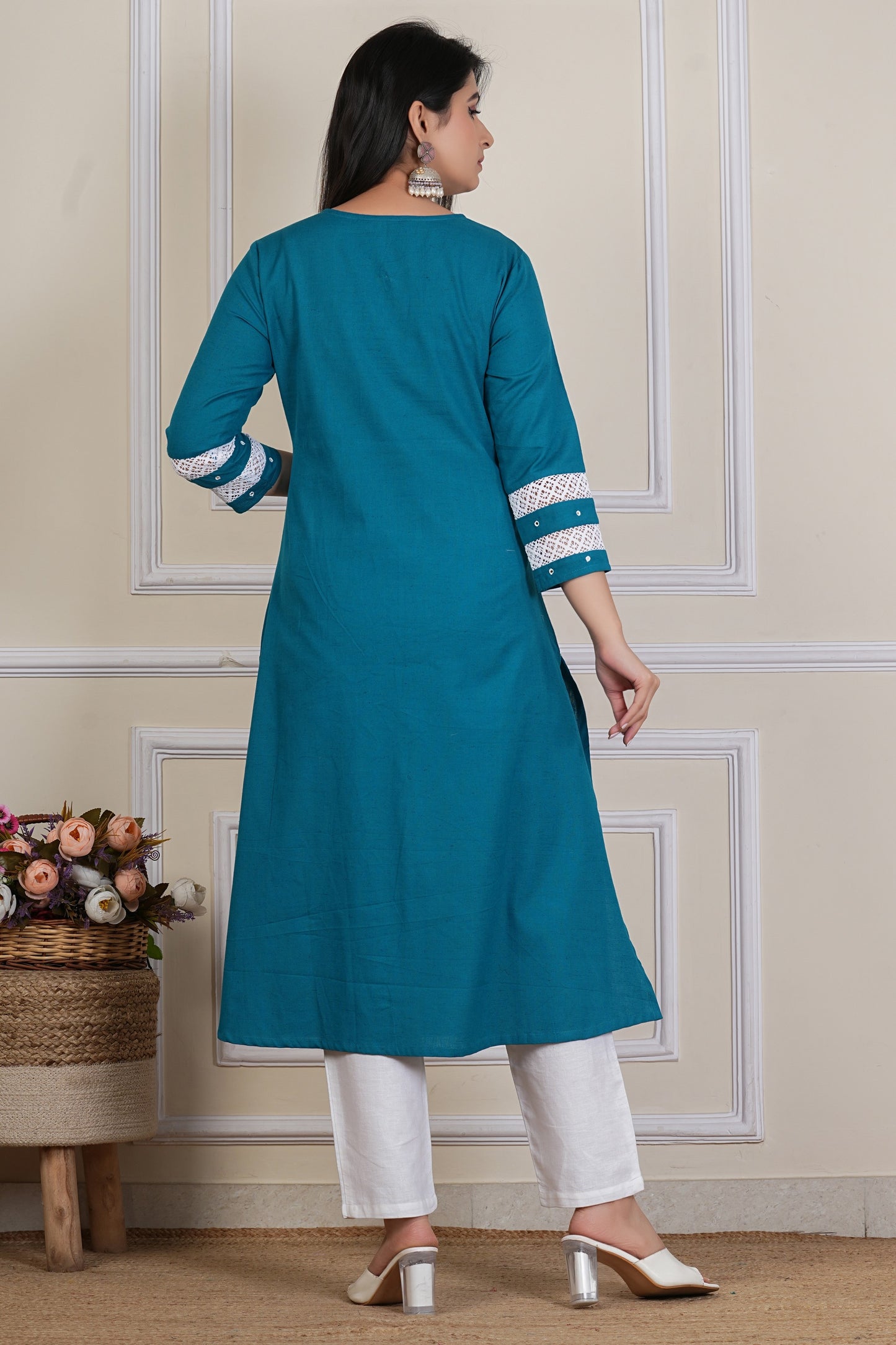 Tavajju | Teal Cotton A-Line Kurta with Pintuck Detailing & Lace Accents