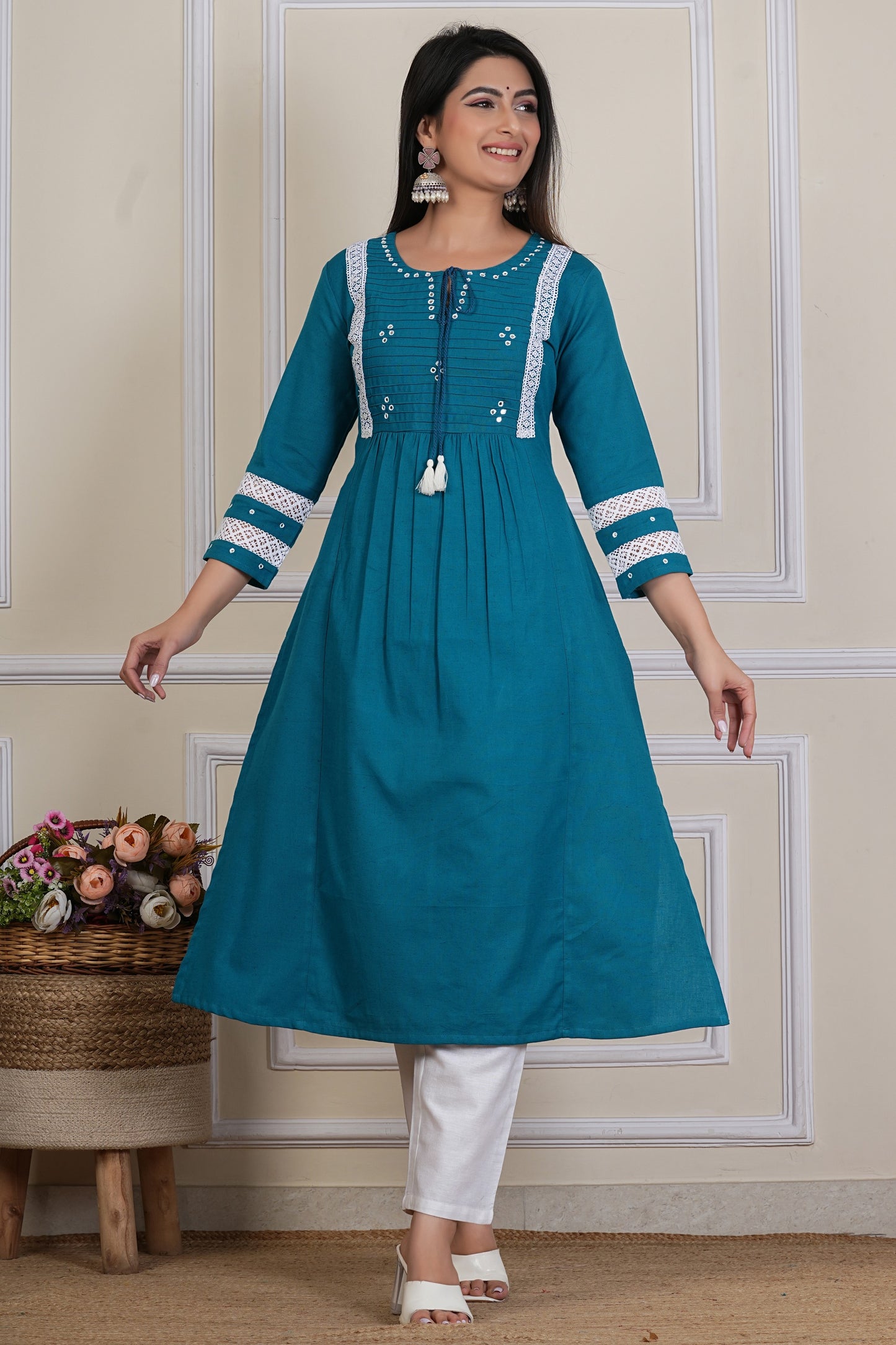 Tavajju | Teal Cotton A-Line Kurta with Pintuck Detailing & Lace Accents