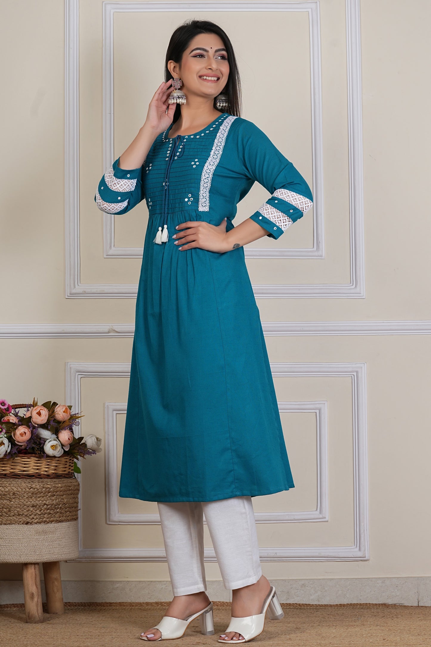 Tavajju | Teal Cotton A-Line Kurta with Pintuck Detailing & Lace Accents