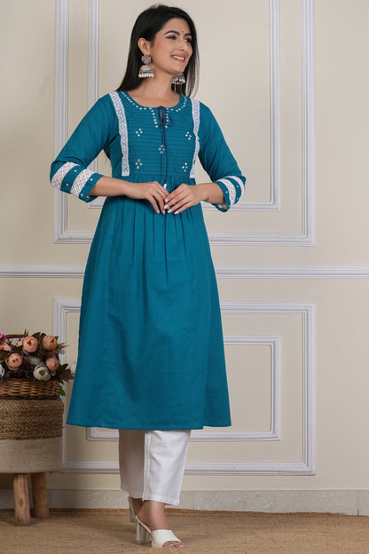 Tavajju | Teal Cotton A-Line Kurta with Pintuck Detailing & Lace Accents