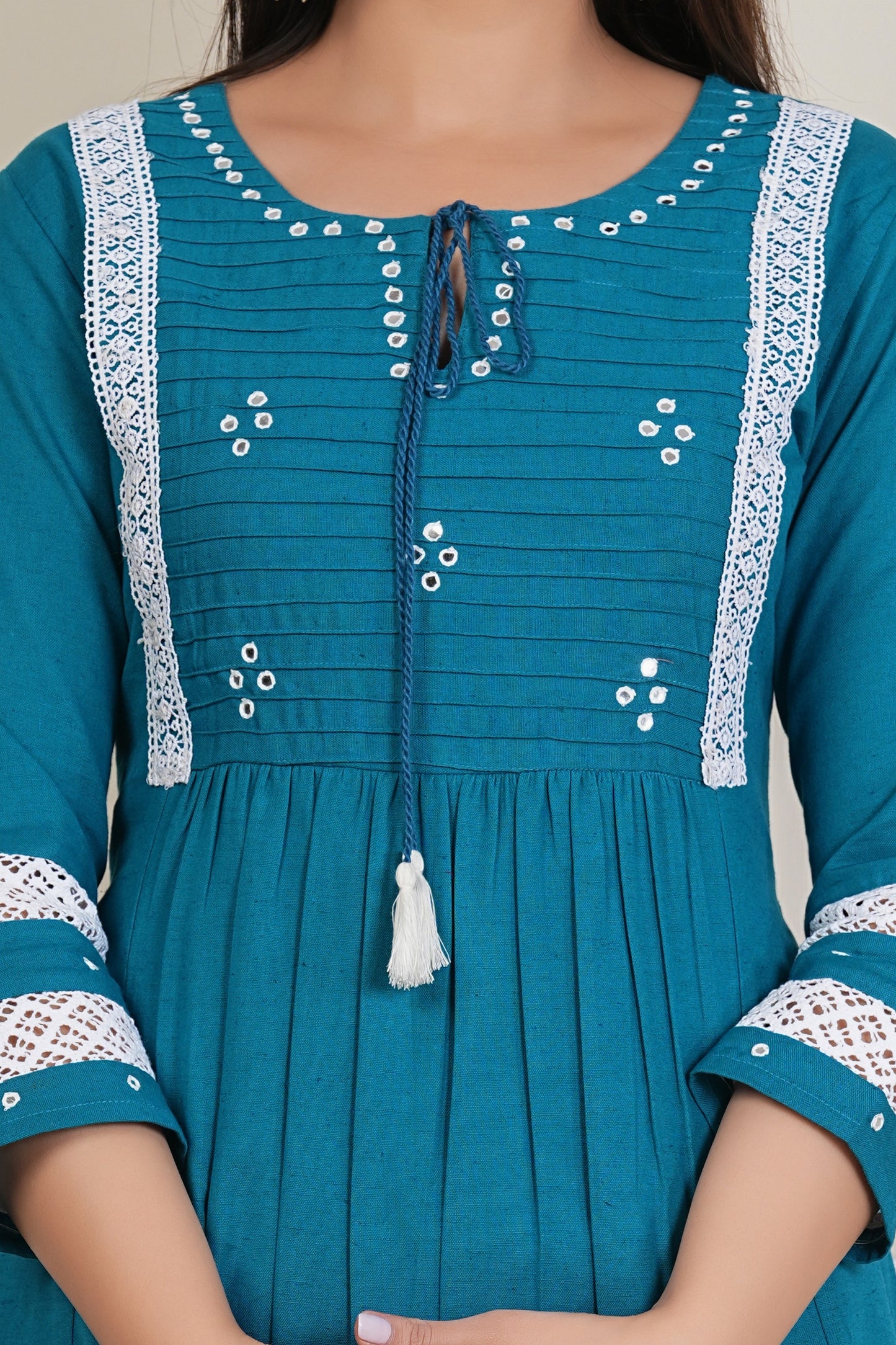 Tavajju | Teal Cotton A-Line Kurta with Pintuck Detailing & Lace Accents