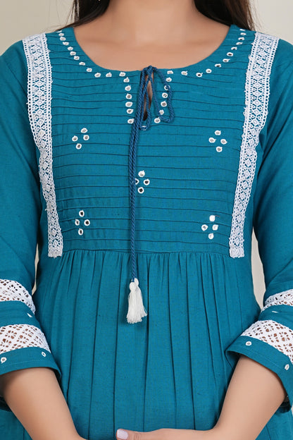 Tavajju | Teal Cotton A-Line Kurta with Pintuck Detailing & Lace Accents