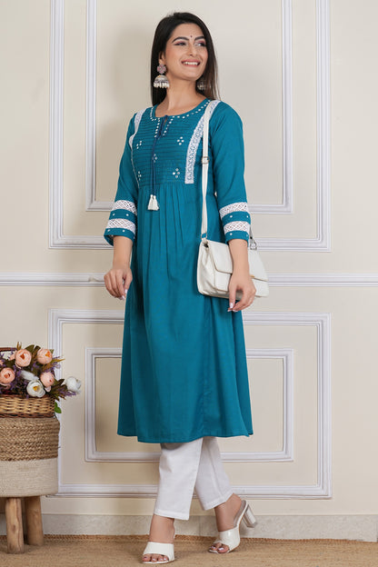 Tavajju | Teal Cotton A-Line Kurta with Pintuck Detailing & Lace Accents