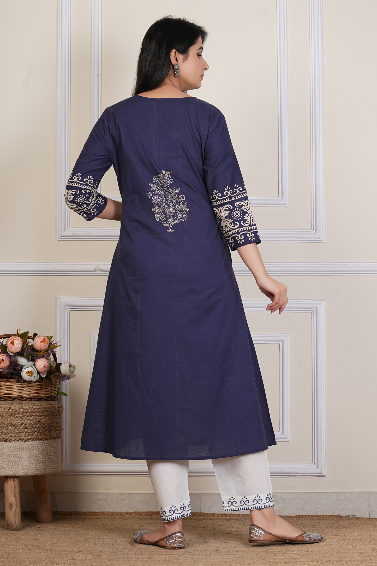 Tavajju | Navy Blue Cotton Kurta Set with Printed Dupatta & Coordinated Pants