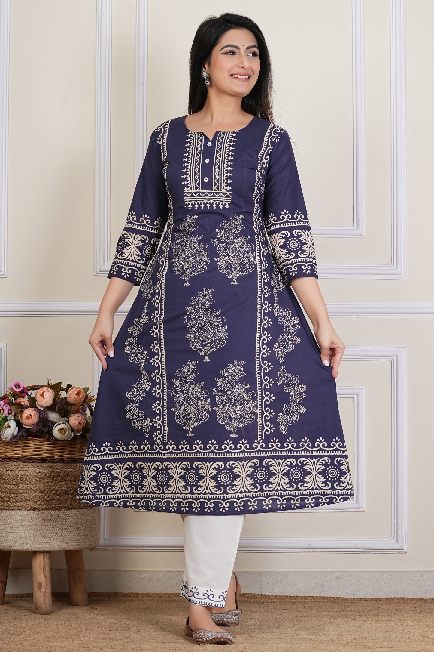 Tavajju | Navy Blue Cotton Kurta Set with Printed Dupatta & Coordinated Pants